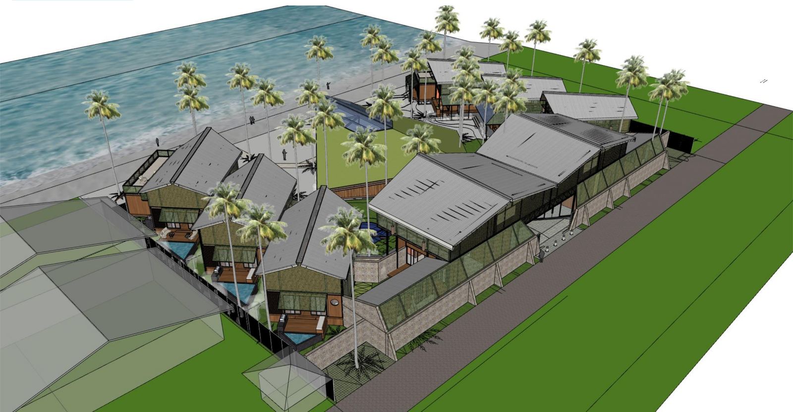 Villa Resort at Katiet, updated design with the shopfront building, seen from the street